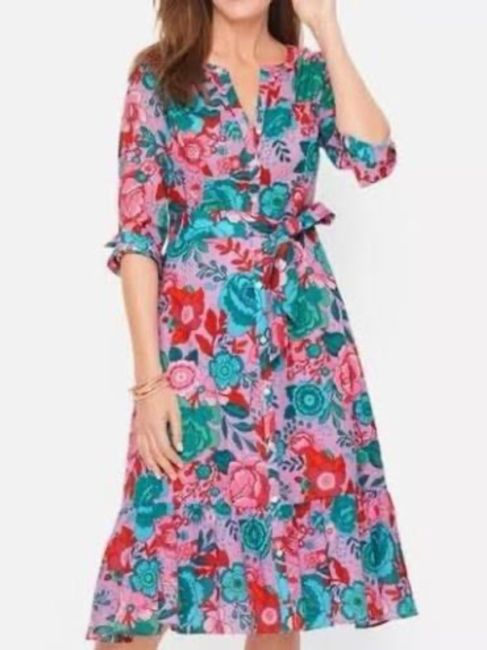 Talbots Women's floral Belted Sketched Blooms Cotton Shirt lined Dress -18WP